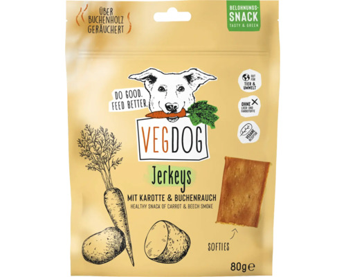 VEGDOG Jerkeys Belohnungssnack für Hunde mit Karotte und Buchenrauch, 80 Gramm Packung, vegetarische Hundeleckerlis ohne Farb- und Lockstoffe.