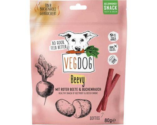 VEGDOG Beevy Hundesnack mit Roter Beete und Buchenholz Rauch, veganer Belohnungssnack, 80 Gramm Packung.