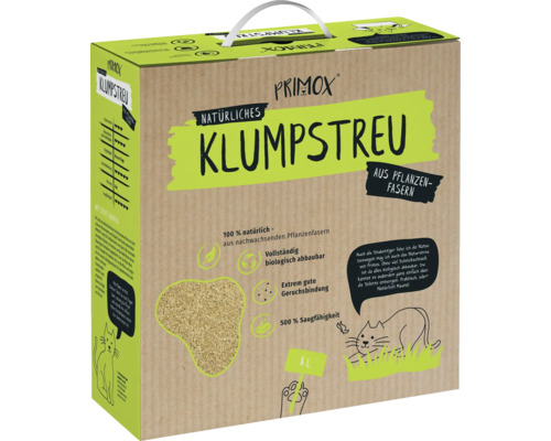 Primox natürliches Klumpstreu aus Pflanzenfasern für Katzen, 8 Liter Packung, biologisch abbaubar, geruchsbindend und saugstark.