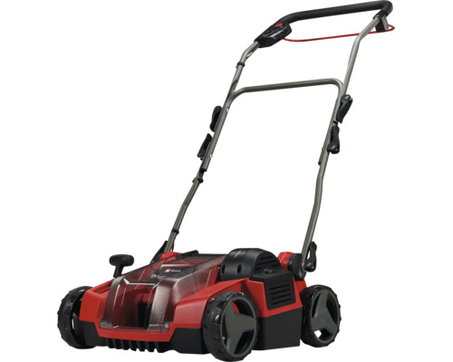 Einhell Elektro Rasenlüfter mit verstellbarem Führungsholm und robustem Kunststoffgehäuse für die Rasenpflege im Garten.