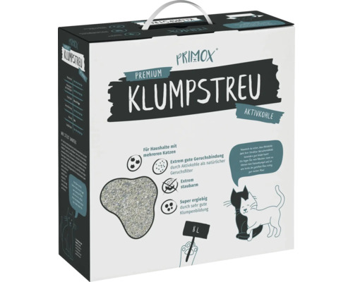 Primox Premium Klumpstreu mit Aktivkohle, 8 Liter Katzenstreu für mehrere Katzen, staubarm und geruchsbindend, in praktischer Trageverpackung.