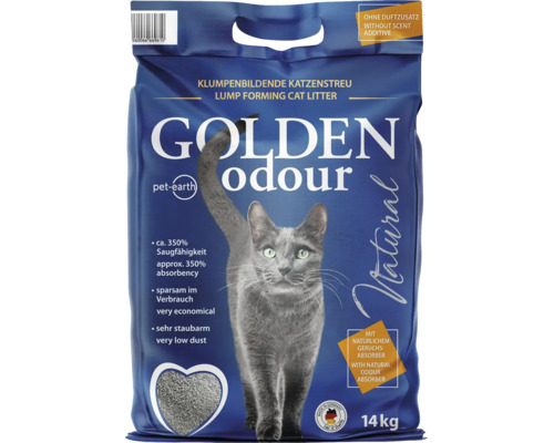 Golden Odour klumpenbildende Katzenstreu, 14 Kilogramm, mit natürlichem Geruchsabsorber, ohne Duftzusatz, sehr staubarm und ergiebig.