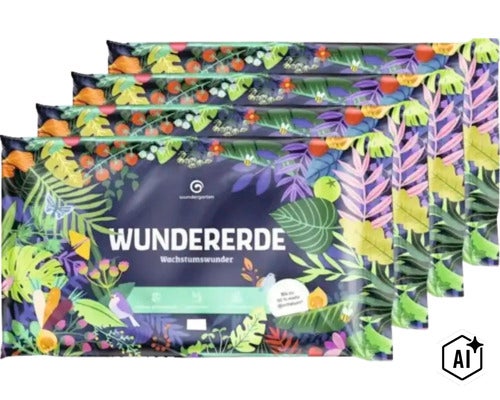 Vier Packungen Wündererde Wachstumswunder Blumenerde mit dekorativem Pflanzenmuster und Wundergarten Logo. (Image AI modified or generated)