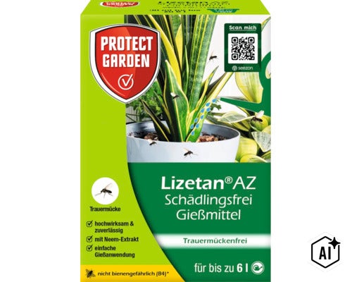 Protect Garden Lizetan AZ Pflanzenschutzmittel gegen Trauermücken als Gießmittel mit Neem Extrakt für bis zu sechs Liter Anwendung. (Image AI modified or generated)