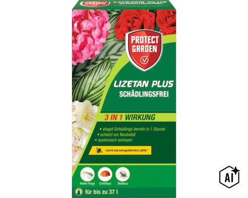 Protect Garden Lizetan Plus Schädlingsfrei Pflanzenschutzmittel gegen Weiße Fliege, Schildlaus und Blattlaus mit Drei in Eins Wirkung. (Image AI modified or generated)