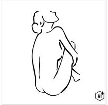 Wandbild mit minimalistischer Linienzeichnung einer sitzenden Frauenfigur (Image AI modified or generated)
