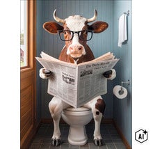 Eine Kuh mit Brille sitzt auf einer weißen Toilette und liest eine Zeitung in einem Badezimmer. (Image AI modified or generated)