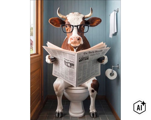 Eine Kuh mit Brille sitzt auf einer weißen Toilette und liest eine Zeitung in einem Badezimmer. (Image AI modified or generated)