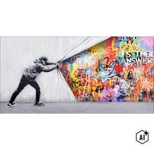 Wandbild mit Motiv eines Mannes, der einen grauen Vorhang beiseite zieht und eine farbenfrohe Graffiti Wand mit Schriftzügen und Affen enthüllt. (Image AI modified or generated)
