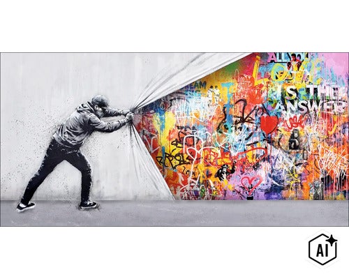 Wandbild mit Motiv eines Mannes, der einen grauen Vorhang beiseite zieht und eine farbenfrohe Graffiti Wand mit Schriftzügen und Affen enthüllt. (Image AI modified or generated)