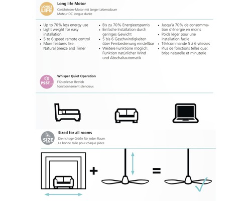 Produktinformationen zu einem Deckenventilator: langer Lebensdauer Motor, geringes Gewicht, Fernbedienung mit 5 bis 6 Geschwindigkeiten, flüsterleiser Betrieb, passend für alle Räume
