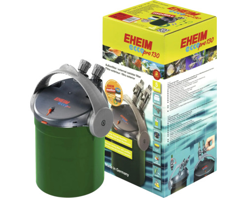 Eheim Ecco Pro 130 Außenfilter für Aquarien inklusive Verpackung mit Produktinformationen und technischen Details.