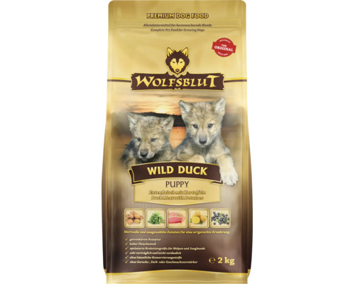Wolfsblut Wild Duck Puppy Hundefutter Trockenfutter mit Entenfleisch und Kartoffeln fuer heranwachsende Hunde zwei Kilogramm Packung