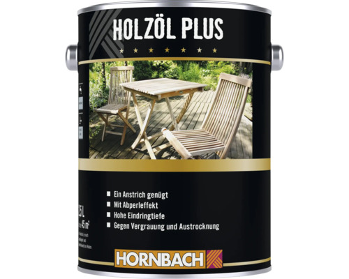 HORNBACH Holzöl Plus zur Pflege von Gartenmöbeln und Holzterrassen, 2,5 Liter Gebinde.