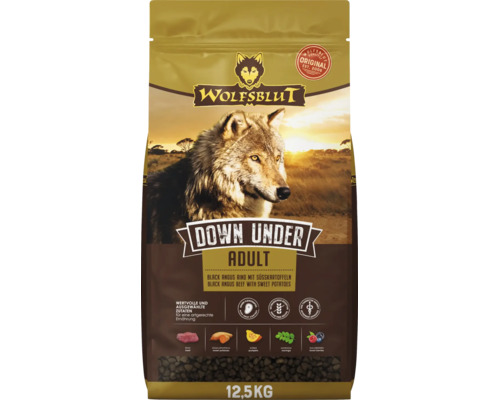 Wolfsblut Down Under Adult Hundetrockenfutter mit Black Angus Rind und Süßkartoffeln im 12,5 Kilogramm Sack.
