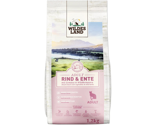 Wildes Land Adult Rind und Ente Katzenfutter mit Gemüse und Wildkräutern, getreidefrei, 1,2 Kilogramm Packung.