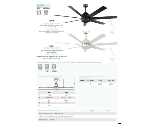 Zwei Deckenventilatoren aus Stahl und Aluminium in Schwarz matt und Nickel matt mit Zubehör und Maßangaben