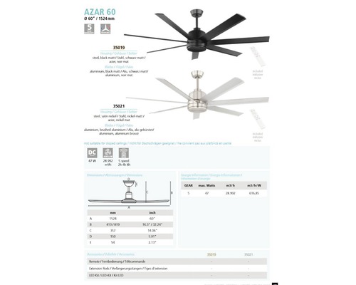 Zwei Deckenventilatoren mit jeweils fünf Flügeln, technische Details und Zubehörinformationen.
