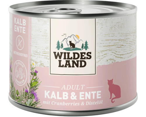 Wildes Land Nassfutter für Katzen Adult mit Kalb und Ente, Cranberries und Distelöl in der Dose