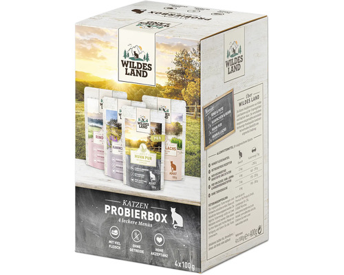 Wildes Land Katzen Probierbox mit 4 Nassfutterbeuteln zu je 100 Gramm getreidefrei und mit hohem Fleischanteil.