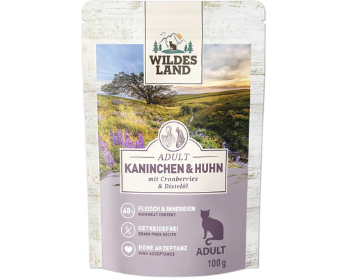 Wildes Land Katzenfutter Adult Kaninchen und Huhn mit Cranberries und Distelöl 100 Gramm Frischebeutel