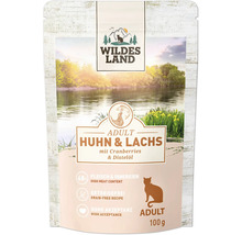 Wildes Land Katzenfutter Adult Huhn und Lachs mit Cranberries und Distelöl, 100 Gramm Beutel, getreidefrei und hoher Fleischanteil.