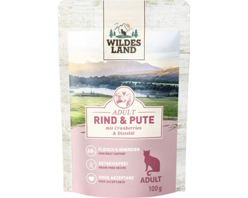 Wildes Land Nassfutter fuer Katzen Adult Rind und Pute mit Cranberries und Disteloel, 100 Gramm Beutel