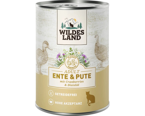 Wildes Land Nassfutter für Katzen Ente und Pute mit Cranberries und Distelöl in der Dose getreidefrei