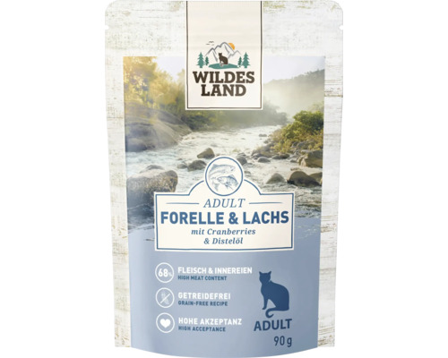 Wildes Land Katzenfutter Adult Forelle und Lachs, 90 Gramm Beutel, getreidefreies Trockenfutter mit hohem Fleischanteil.