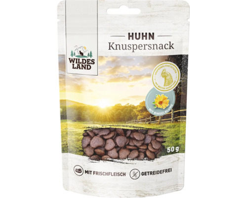 Wildes Land Huhn Knuspersnack für Katzen, 50 Gramm, getreidefrei mit Frischfleisch und Ringelblume in der Standbeutelverpackung.