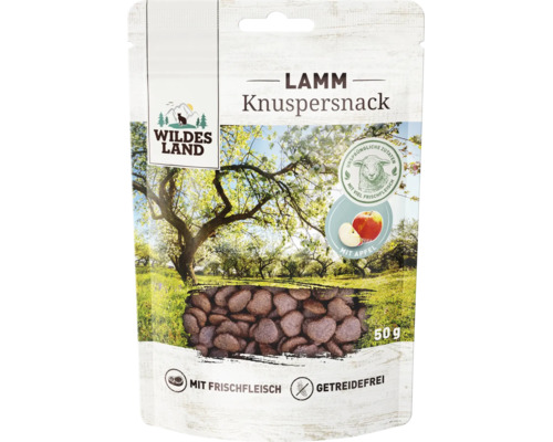 Wildes Land Lamm Knuspersnack für Katzen mit Apfel und Frischfleisch getreidefrei 50 Gramm Packung