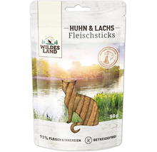 Wildes Land Katzen Fleischsticks Huhn und Lachs, getreidefrei, 50 Gramm Packung mit 93 Prozent Fleischanteil.