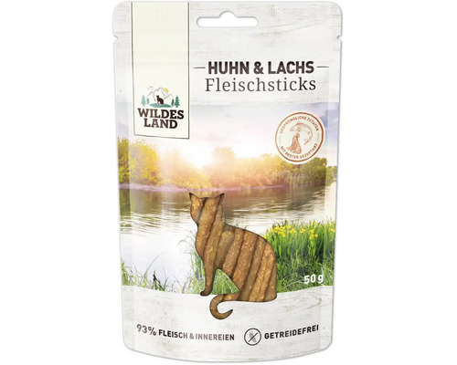 Wildes Land Katzen Fleischsticks Huhn und Lachs, getreidefrei, 50 Gramm Packung mit 93 Prozent Fleischanteil.
