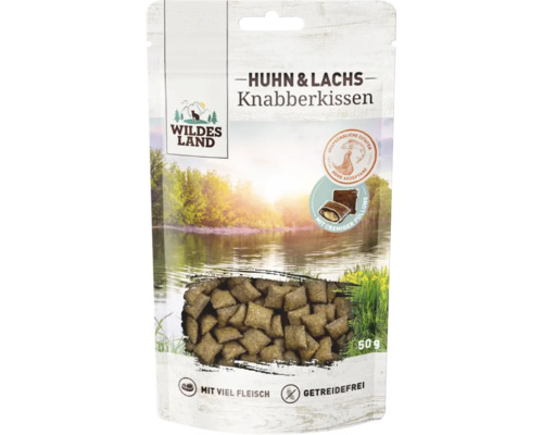 Wildes Land Huhn und Lachs Knabberkissen für Katzen, 50 Gramm Packung, getreidefreies Katzensnack mit viel Fleisch.