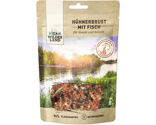 Wildes Land Huehnerbrust mit Fisch Hundesnack und Katzensnack 70 Gramm getreidefrei