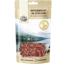 Wildes Land Entenbrust in Stücken für Hunde und Katzen, getreidefreier Snack mit 93 Prozent Fleischanteil im 70 Gramm Beutel.