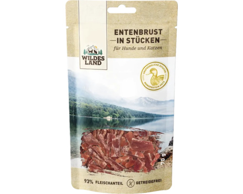 Wildes Land Entenbrust in Stücken für Hunde und Katzen, getreidefreier Snack mit 93 Prozent Fleischanteil im 70 Gramm Beutel.