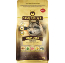Wolfsblut Wild Duck Senior Hundefutter 2 Kilogramm Packung getreidefrei für ältere Hunde mit Entenfleisch und Kartoffeln.
