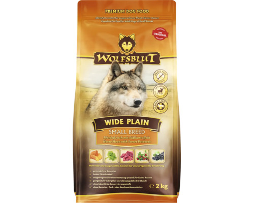 Wolfsblut Wide Plain Small Breed Hundefutter mit Pferdefleisch und Suesskartoffeln, getreidefrei, 2 Kilogramm Packung.