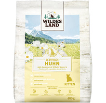 Wildes Land Kitten Trockenfutter Huhn mit Gemüse und Wildkräutern 400 Gramm Beutel.