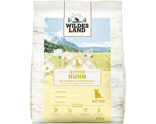 Wildes Land Kitten Trockenfutter Huhn mit Gemüse und Wildkräutern 400 Gramm Beutel.
