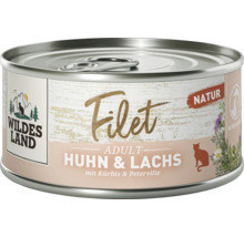 Wildes Land Filet Adult Katzennassfutter in der Dose mit Huhn und Lachs, Kürbis und Petersilie