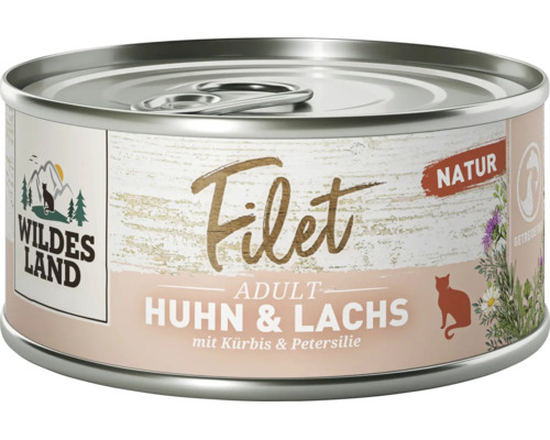 Wildes Land Filet Adult Katzennassfutter in der Dose mit Huhn und Lachs, Kürbis und Petersilie