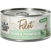 Wildes Land Filet Adult Katzennassfutter in der Dose mit Huhn und Thunfisch sowie Spinat.