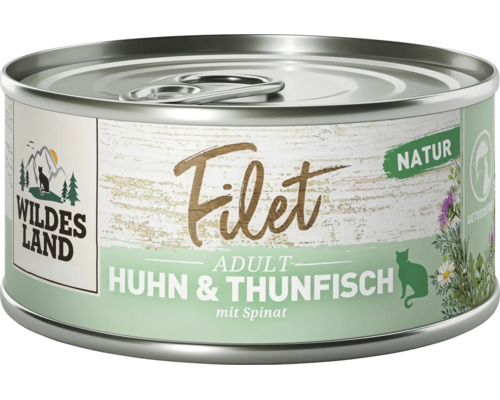 Wildes Land Filet Adult Katzennassfutter in der Dose mit Huhn und Thunfisch sowie Spinat.