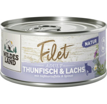 Wildes Land Katzenfutter Filet Adult Thunfisch und Lachs mit Süßkartoffeln und Spinat in der Dose