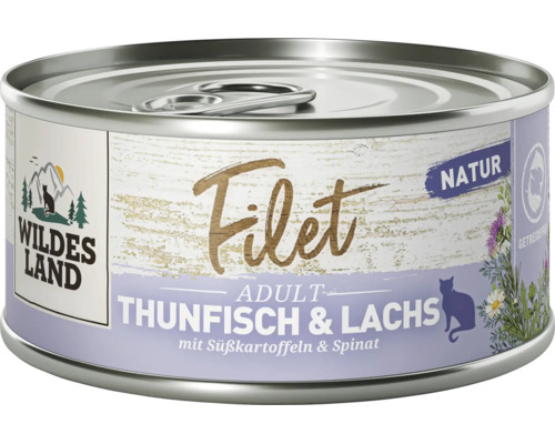 Wildes Land Katzenfutter Filet Adult Thunfisch und Lachs mit Süßkartoffeln und Spinat in der Dose