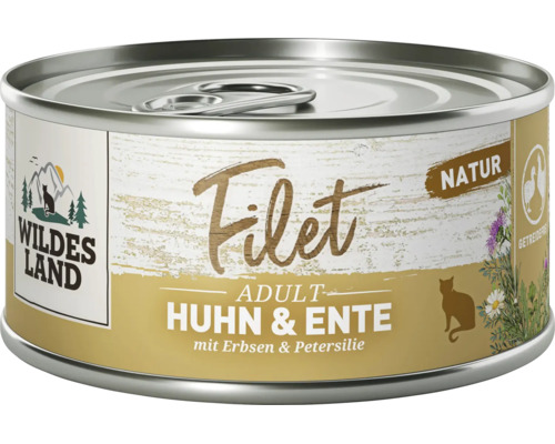 Eine Dose Wildes Land Katzenfutter Filet Adult Huhn und Ente mit Erbsen und Petersilie.