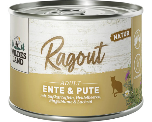 Wildes Land Ragout Adult Ente und Pute Katzenfutter Dose mit Süßkartoffeln, Heidelbeeren, Ringelblume und Lachsöl.