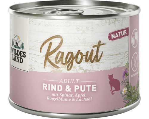 Wildes Land Katzenfutter Dose Ragout Rind und Pute mit Spinat Apfel Ringelblume und Lachsoel